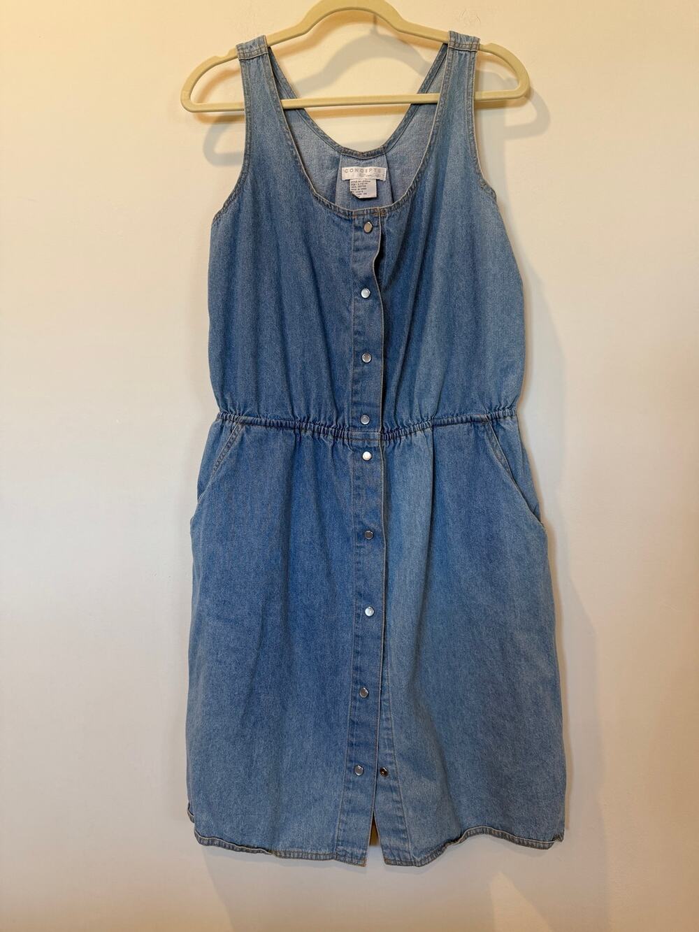 Vtg 90's 100% cotton denim snap front wide strap tank jumper short dress L blue